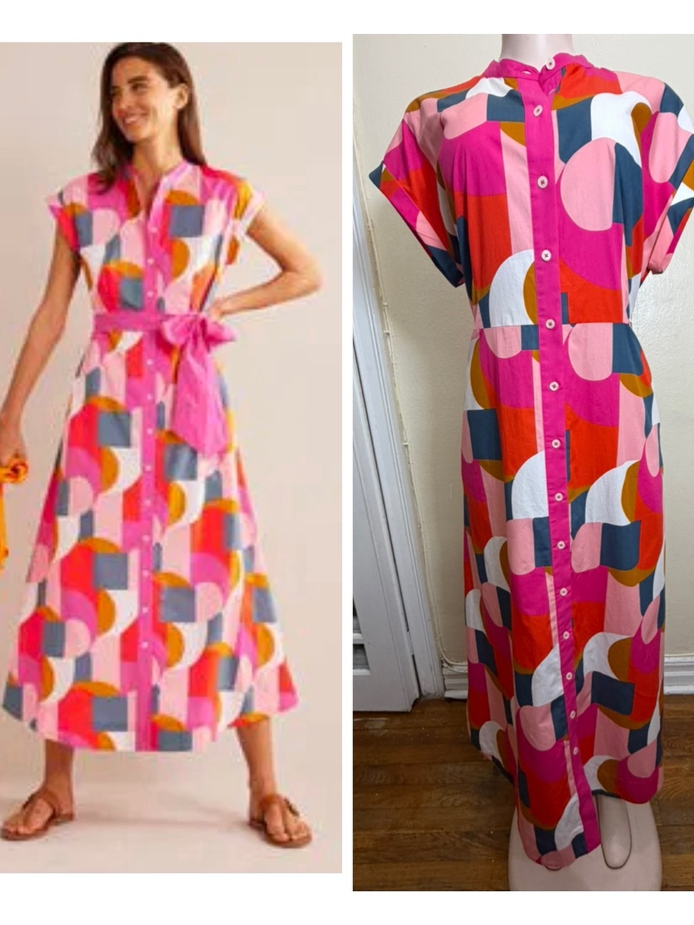 Boden Pink Multicolor Geometric Button-Front Maxi Dress